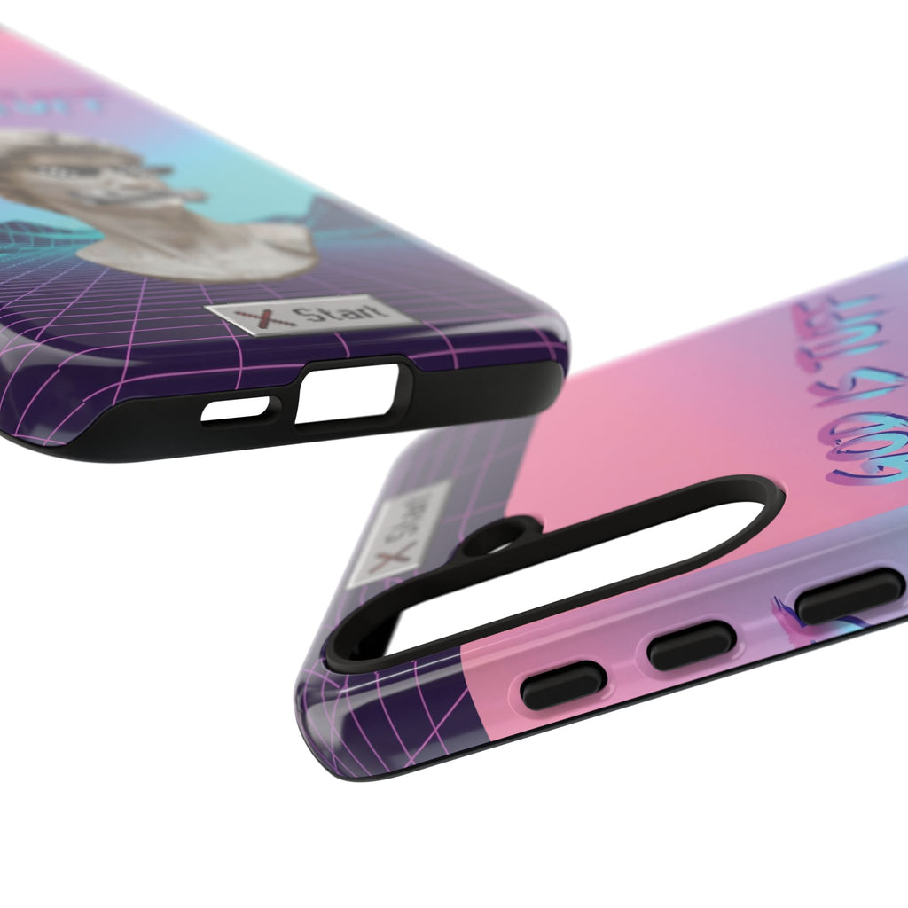 God is Tuff" Vaporwave Christian Phone Case | Aesthetic Statue with Pixel Shades, Retro 80s 90s Synthwave Grid, Gen Z Faith Gift