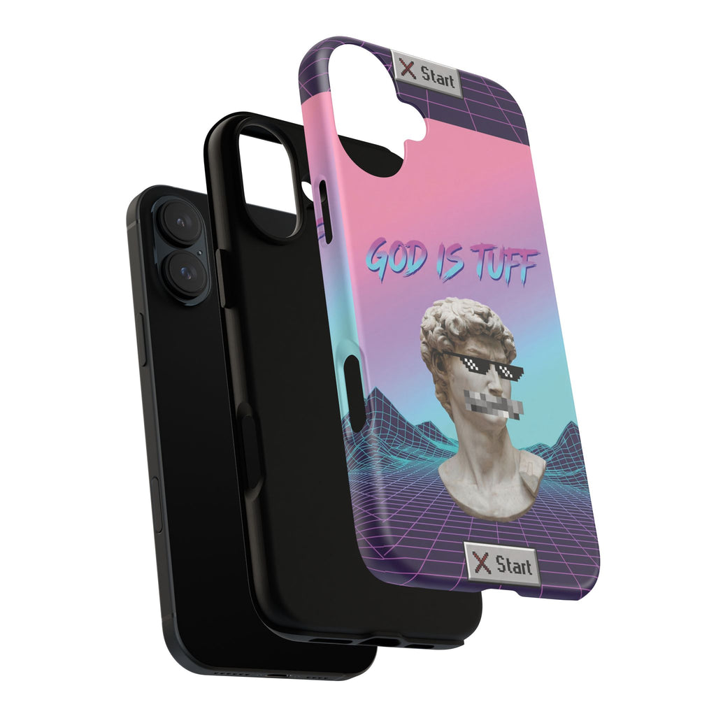 God is Tuff" Vaporwave Christian Phone Case | Aesthetic Statue with Pixel Shades, Retro 80s 90s Synthwave Grid, Gen Z Faith Gift