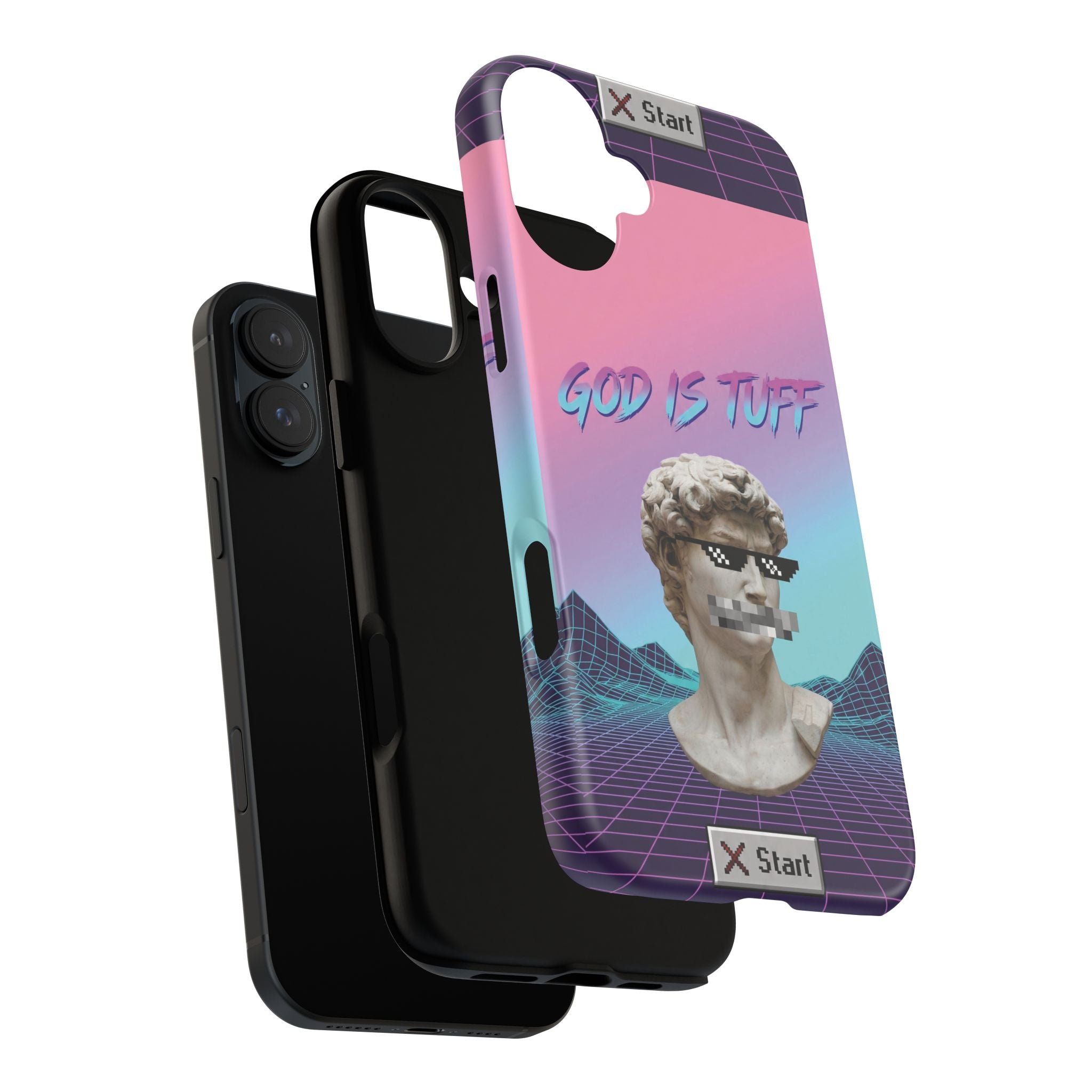 God is Tuff" Vaporwave Christian Phone Case | Aesthetic Statue with Pixel Shades, Retro 80s 90s Synthwave Grid, Gen Z Faith Gift
