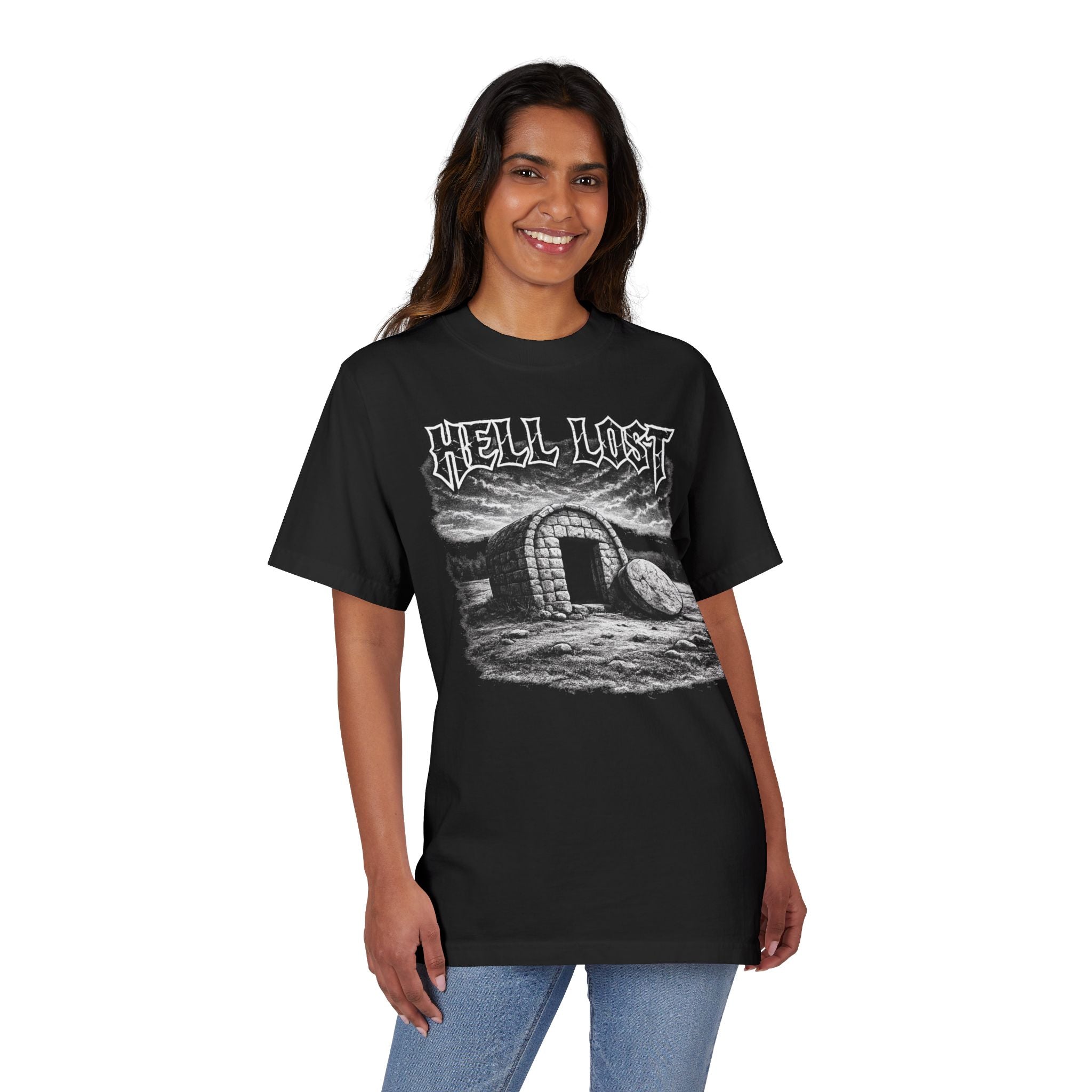 Christian Graphic T Shirt Hell Lost Illustration | Dark Faith Streetwear Tee | Gothic Christian Shirt | Black Metal Style Faith Apparel