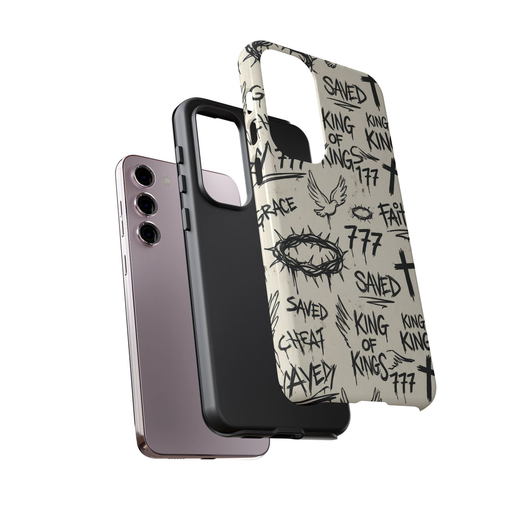 Christian Graffiti Phone Case | "Saved" & "King of Kings" Doodle Art, Urban Streetwear Faith Cover, Modern Religious Sketch Design