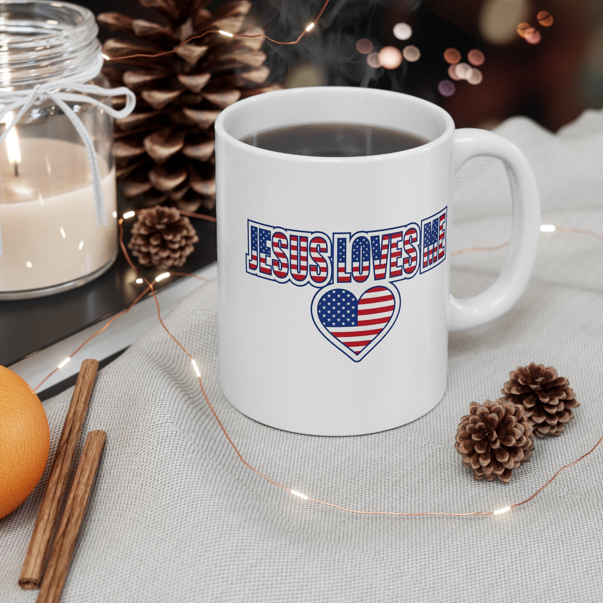 Jesus Loves Me mug | American flag heart, patriotic Christian design