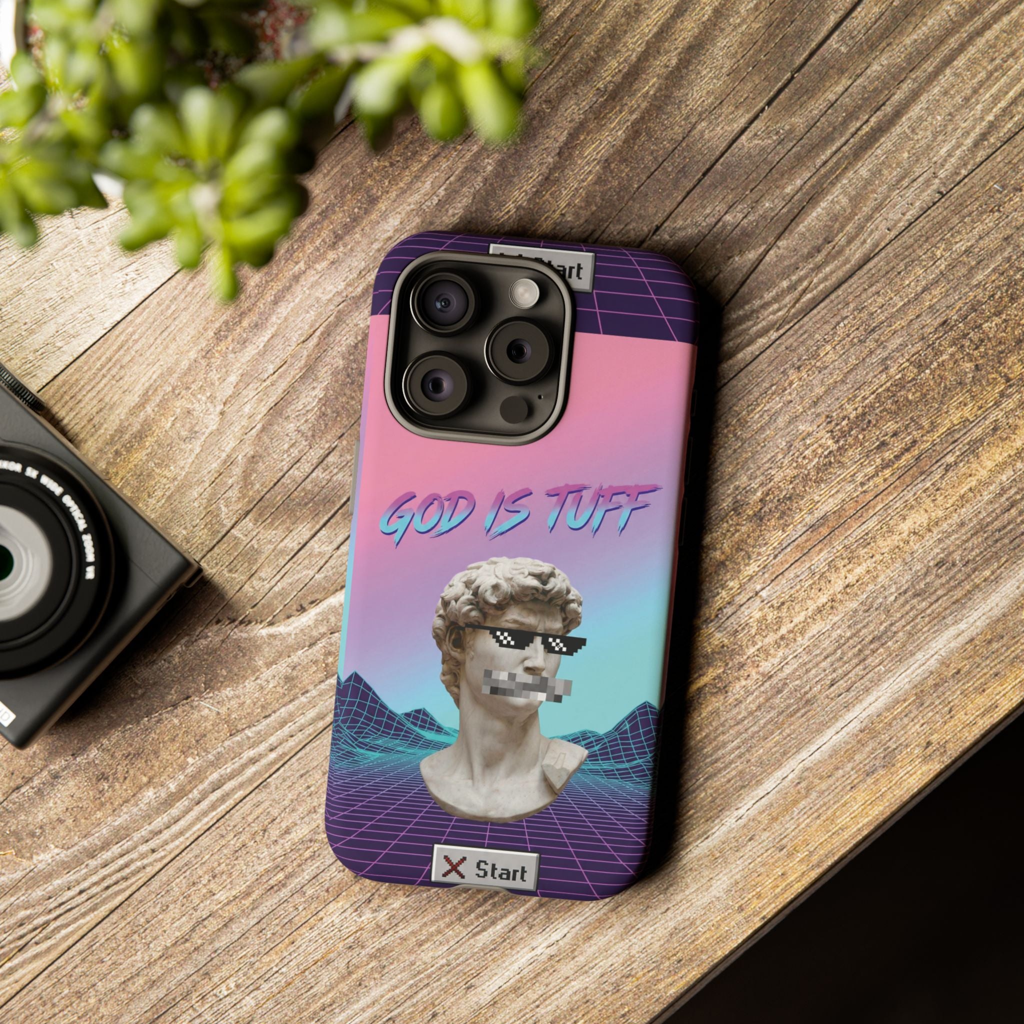 God is Tuff" Vaporwave Christian Phone Case | Aesthetic Statue with Pixel Shades, Retro 80s 90s Synthwave Grid, Gen Z Faith Gift