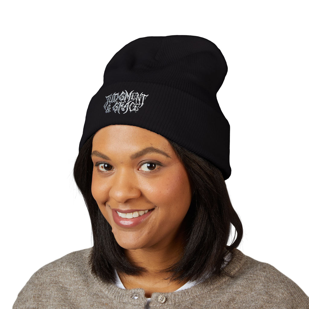 Judgement & Grace Beanie, Embroidered Black Cuffed Knit Hat, Gothic Christian Streetwear, Winter Faith Hat, Minimal Religious Gift