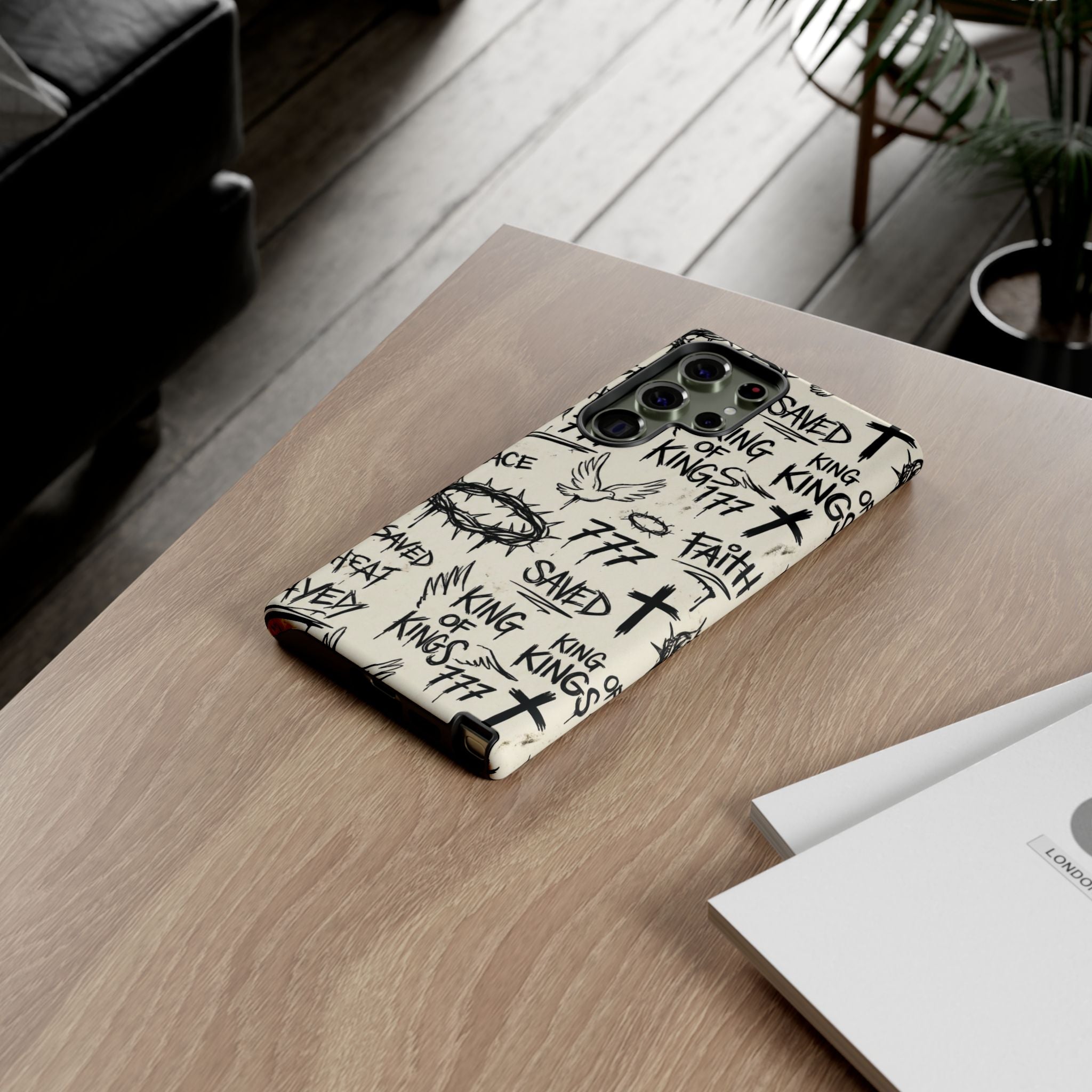 Christian Graffiti Phone Case | "Saved" & "King of Kings" Doodle Art, Urban Streetwear Faith Cover, Modern Religious Sketch Design