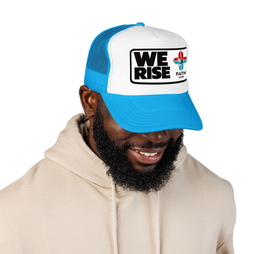 Christian Trucker Hat, We Rise Foam Hat, Retro Soccer Fan Cap, Faith Patch Hat, Stadium Style Christian Cap