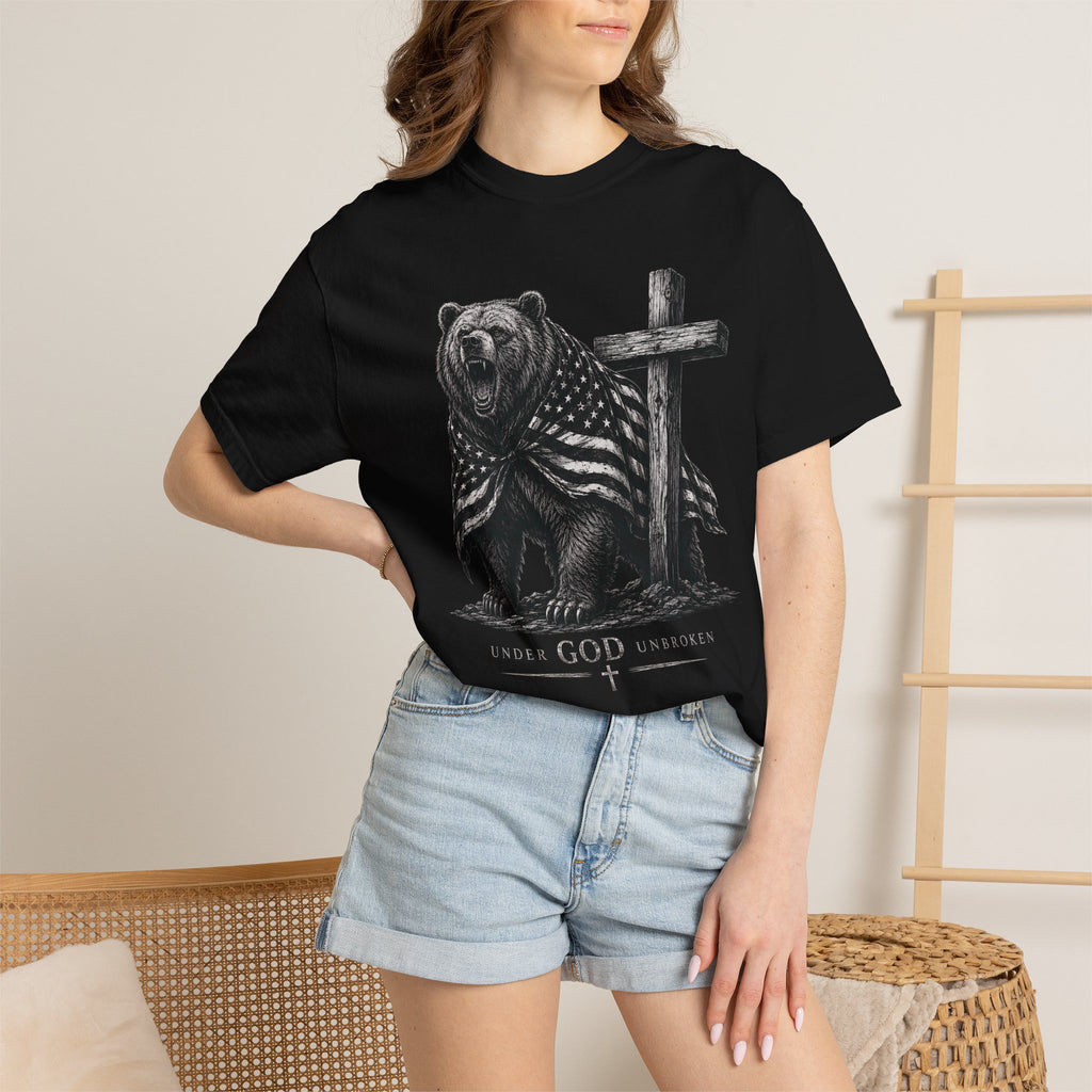 Under God Unbroken Shirt, Patriotic Christian Bear Tee, Faith Freedom Cross Shirt