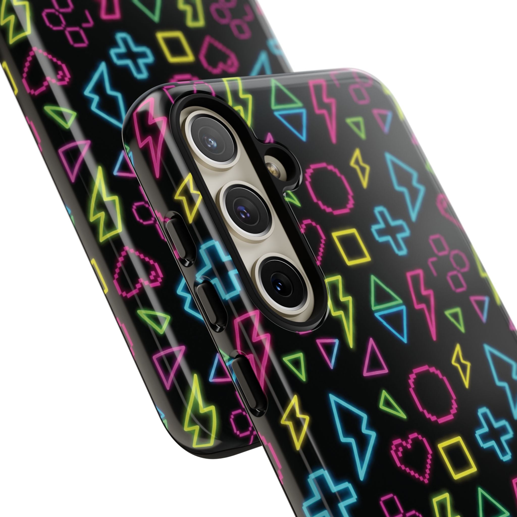 Electric Savior" Retro 90s Christian Phone Case | Neon Synthwave Pixel Art, Lightning Cross & Geometric Design, Bold Faith Gift