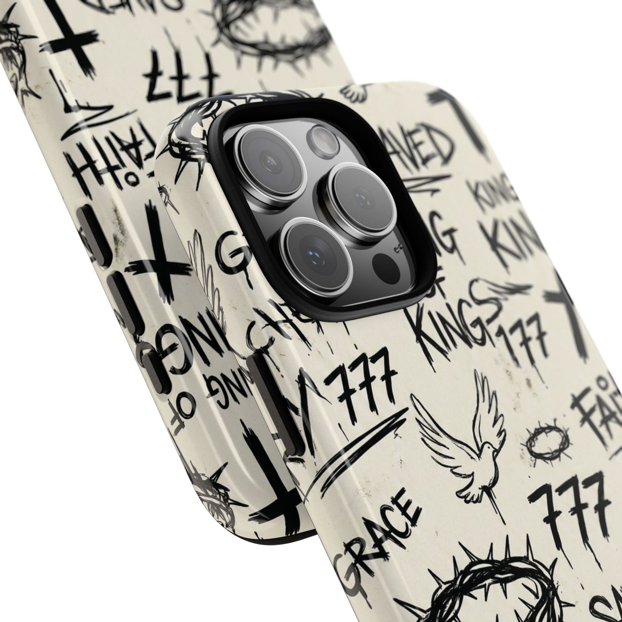 Christian Graffiti Phone Case | "Saved" & "King of Kings" Doodle Art, Urban Streetwear Faith Cover, Modern Religious Sketch Design