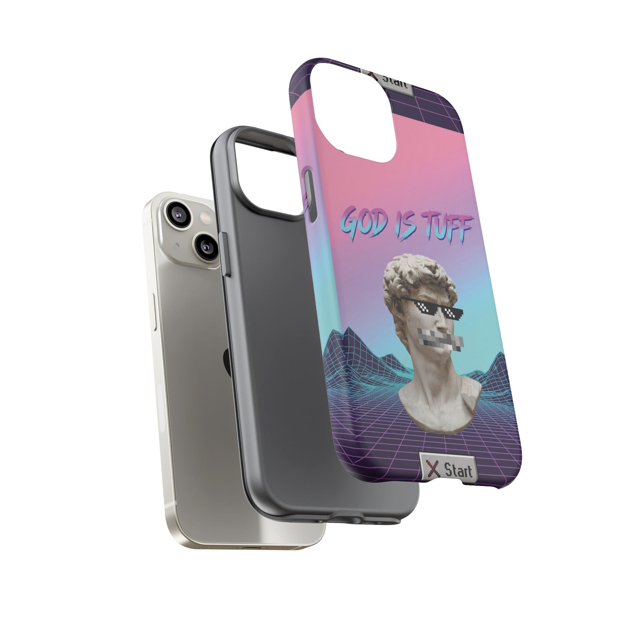 God is Tuff" Vaporwave Christian Phone Case | Aesthetic Statue with Pixel Shades, Retro 80s 90s Synthwave Grid, Gen Z Faith Gift