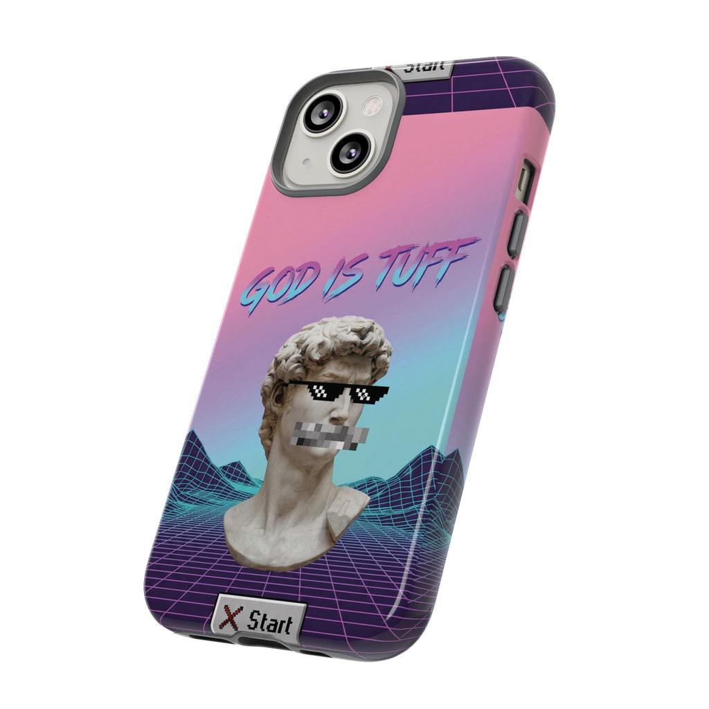 God is Tuff" Vaporwave Christian Phone Case | Aesthetic Statue with Pixel Shades, Retro 80s 90s Synthwave Grid, Gen Z Faith Gift