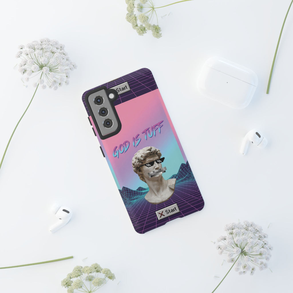 God is Tuff" Vaporwave Christian Phone Case | Aesthetic Statue with Pixel Shades, Retro 80s 90s Synthwave Grid, Gen Z Faith Gift