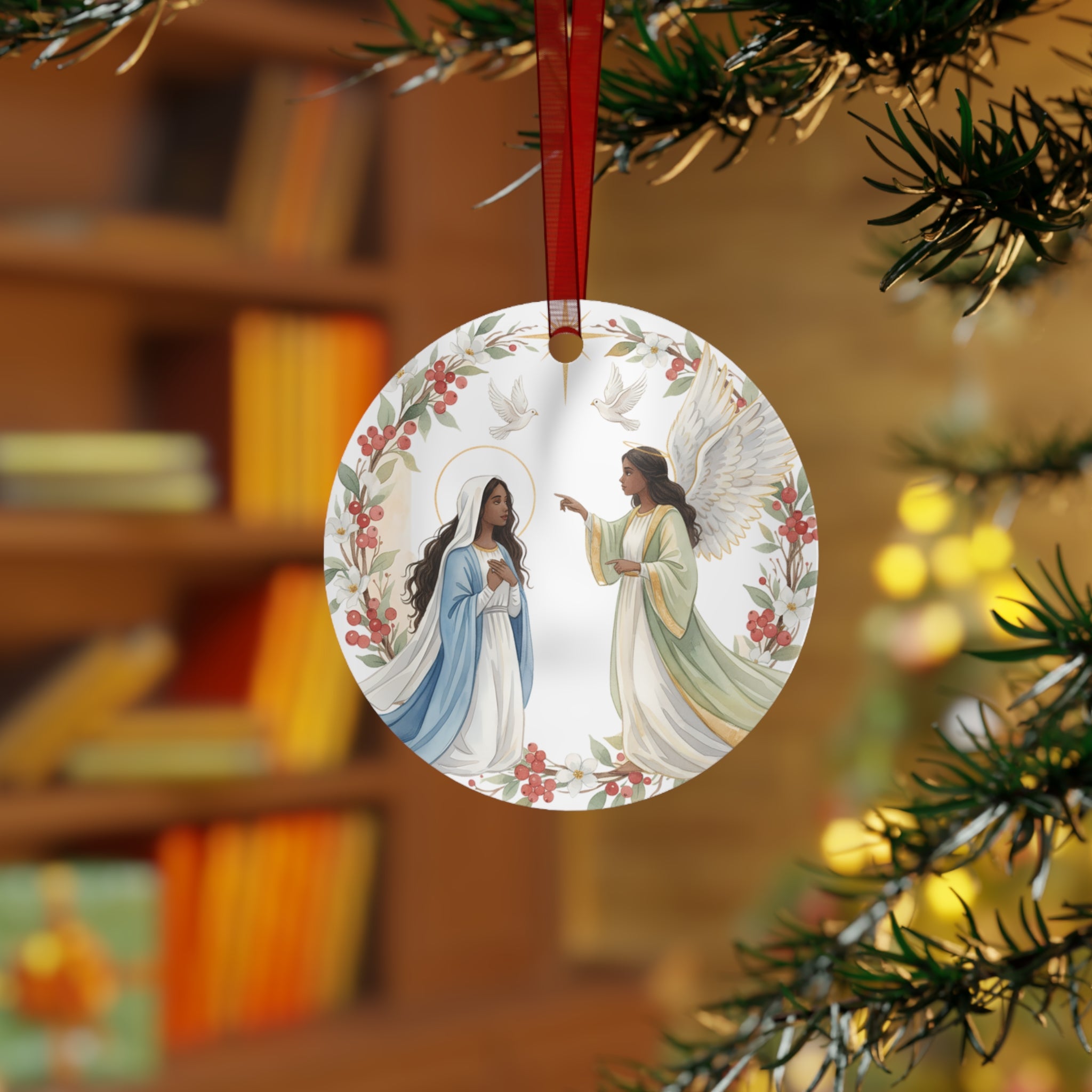 Annunciation Metal Ornament Round · Mary and Angel Watercolor · Christian Christmas Decor · Catholic Gift · Holy Scene Double Sided