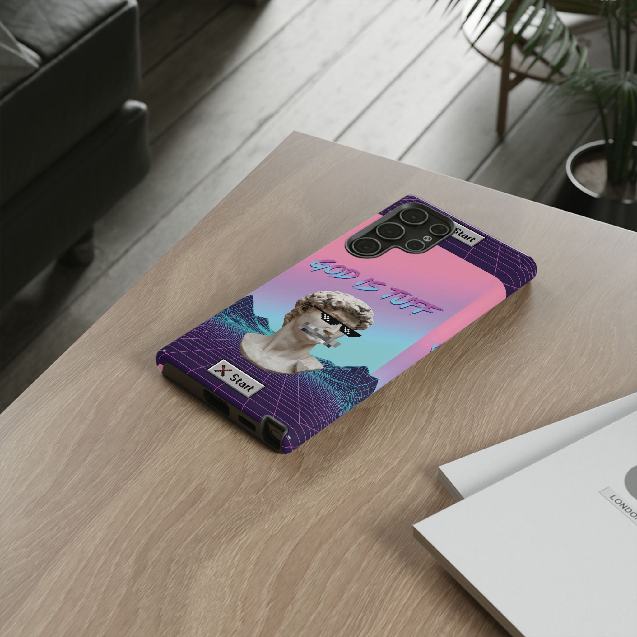 God is Tuff" Vaporwave Christian Phone Case | Aesthetic Statue with Pixel Shades, Retro 80s 90s Synthwave Grid, Gen Z Faith Gift