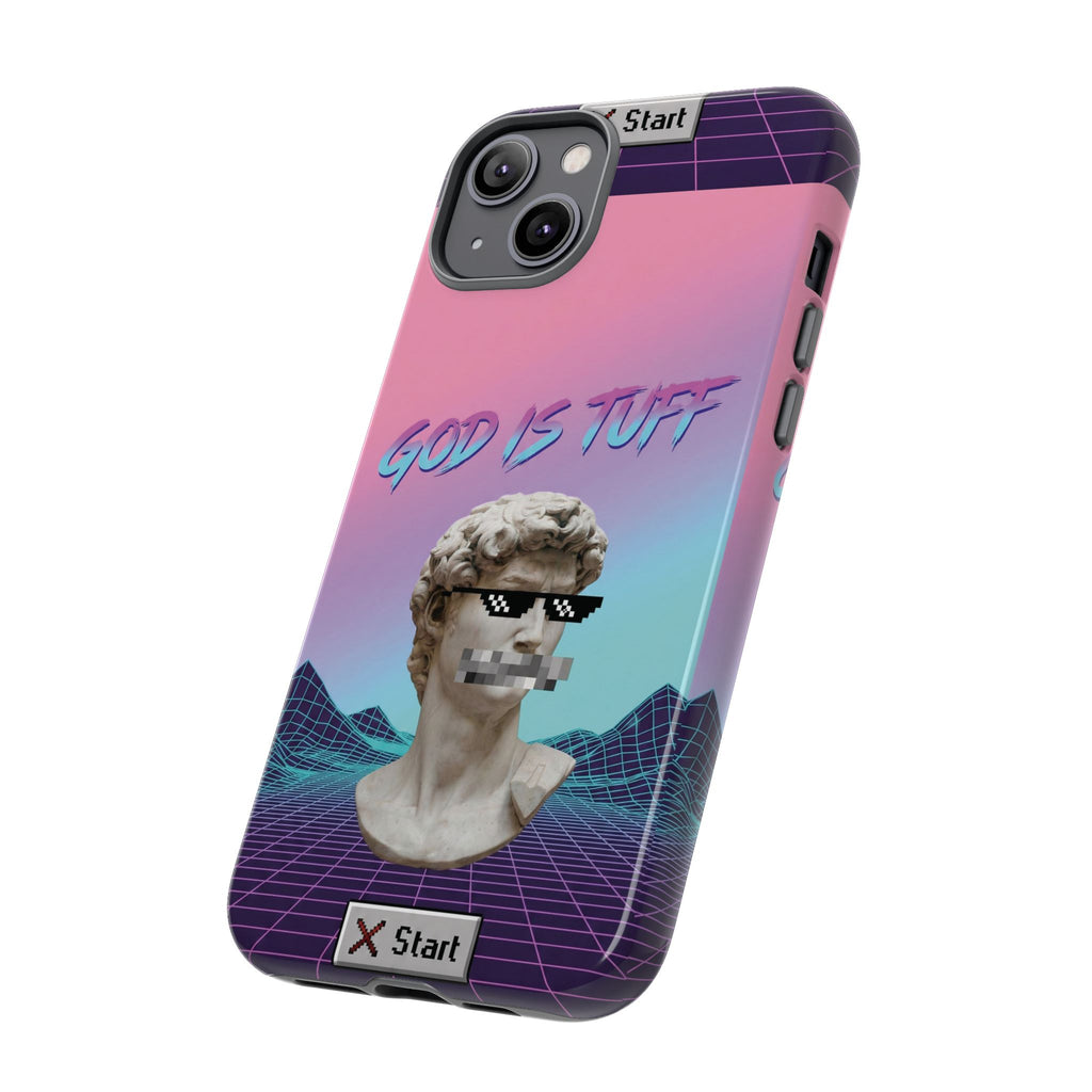 God is Tuff" Vaporwave Christian Phone Case | Aesthetic Statue with Pixel Shades, Retro 80s 90s Synthwave Grid, Gen Z Faith Gift