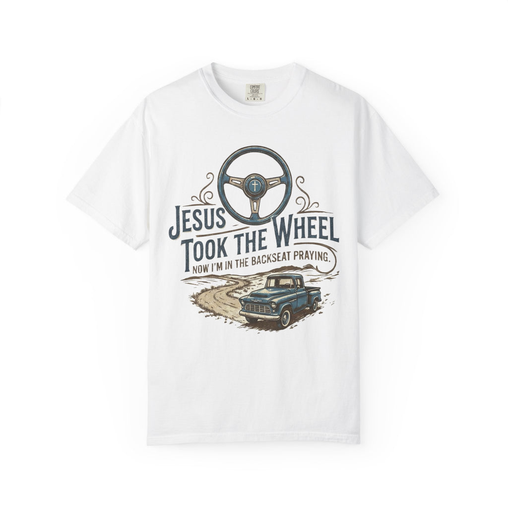 Jesus Took the Wheel steering wheel and vintage truck T-shirt | Christian faith shirt