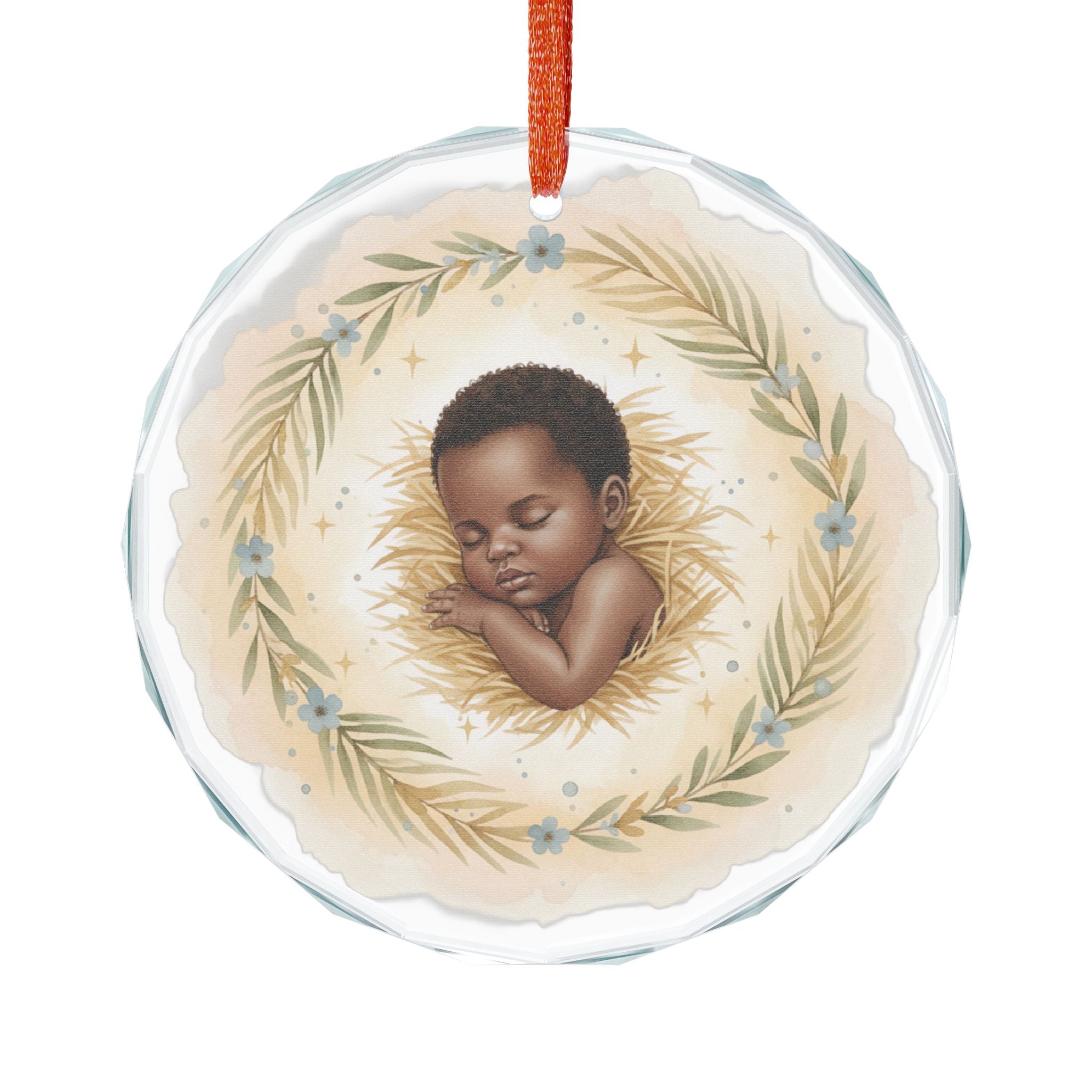 African American Baby Jesus Ornament, Sleeping Baby in Manger, Crystal Glass Nativity Ornament, Christian Christmas Keepsake