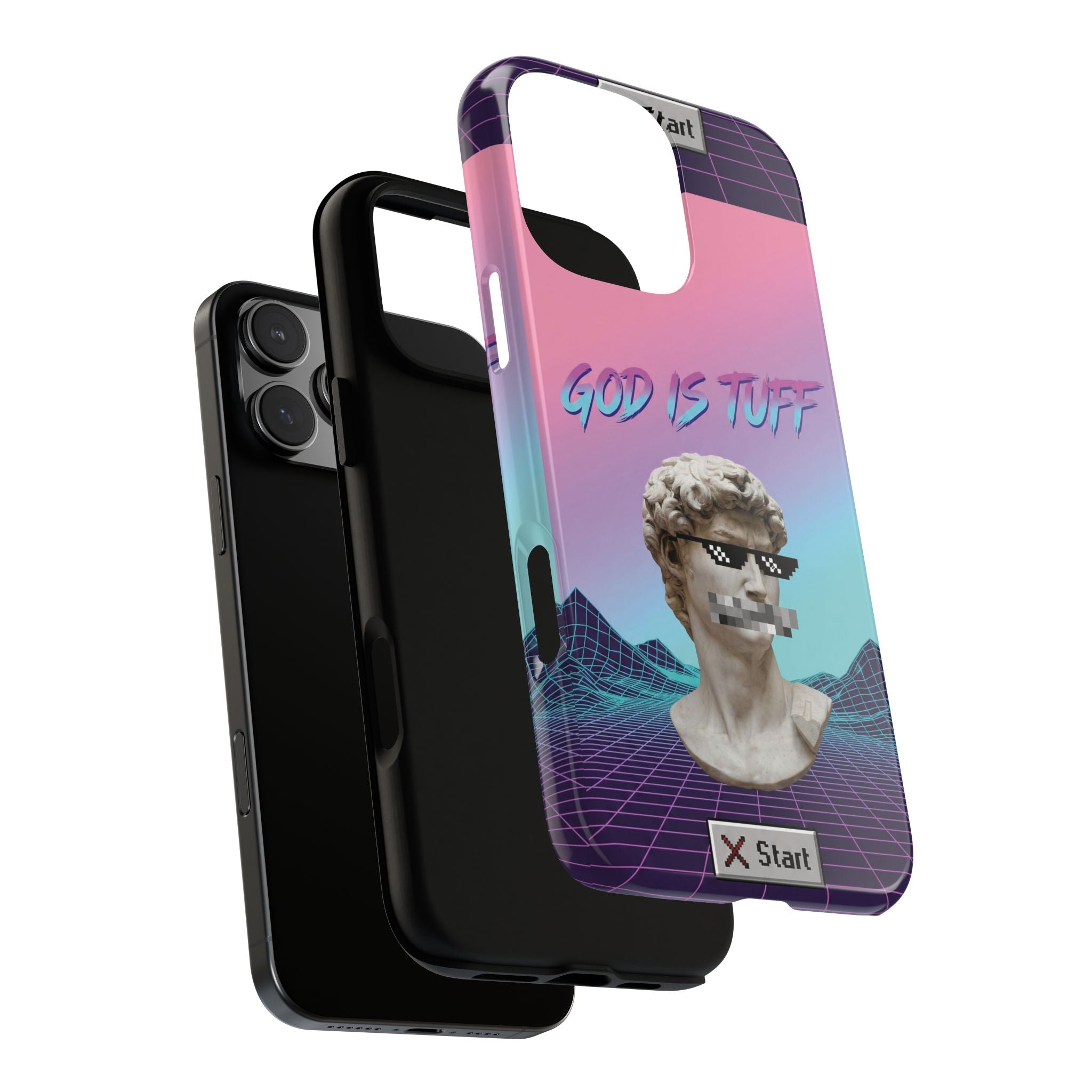 God is Tuff" Vaporwave Christian Phone Case | Aesthetic Statue with Pixel Shades, Retro 80s 90s Synthwave Grid, Gen Z Faith Gift