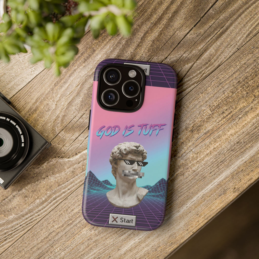 God is Tuff" Vaporwave Christian Phone Case | Aesthetic Statue with Pixel Shades, Retro 80s 90s Synthwave Grid, Gen Z Faith Gift