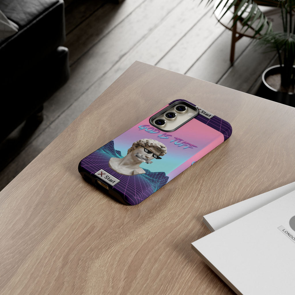 God is Tuff" Vaporwave Christian Phone Case | Aesthetic Statue with Pixel Shades, Retro 80s 90s Synthwave Grid, Gen Z Faith Gift