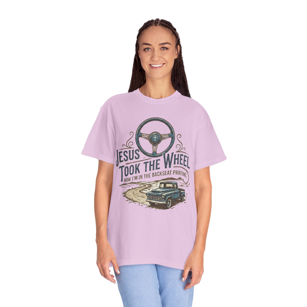 Jesus Took the Wheel steering wheel and vintage truck T-shirt | Christian faith shirt