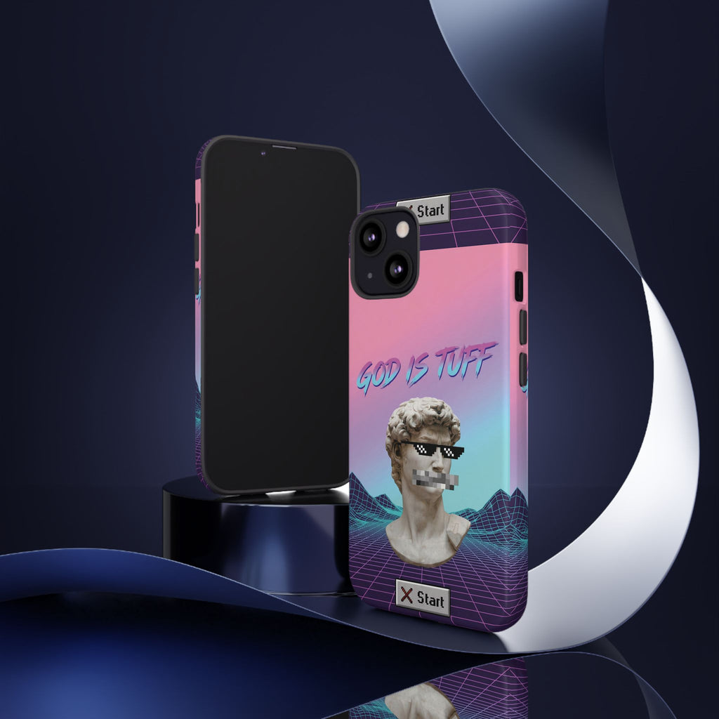 God is Tuff" Vaporwave Christian Phone Case | Aesthetic Statue with Pixel Shades, Retro 80s 90s Synthwave Grid, Gen Z Faith Gift