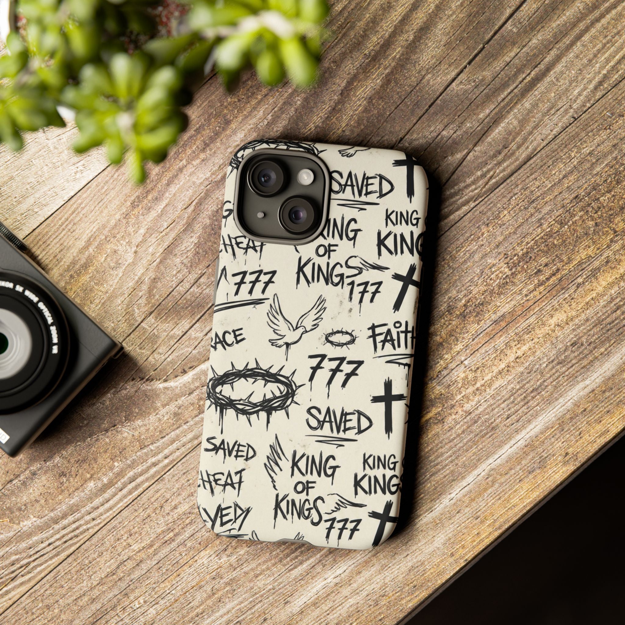 Christian Graffiti Phone Case | "Saved" & "King of Kings" Doodle Art, Urban Streetwear Faith Cover, Modern Religious Sketch Design