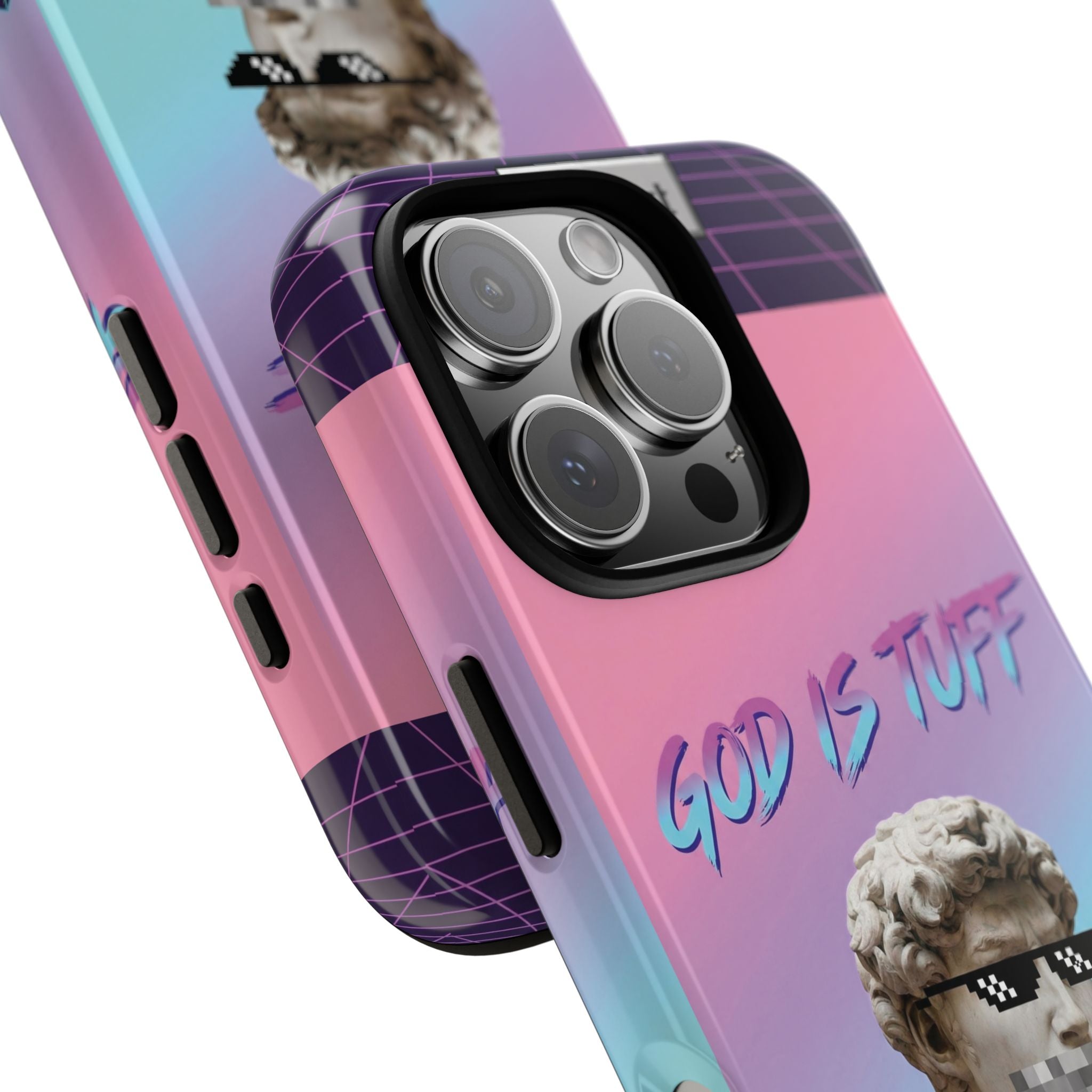 God is Tuff" Vaporwave Christian Phone Case | Aesthetic Statue with Pixel Shades, Retro 80s 90s Synthwave Grid, Gen Z Faith Gift