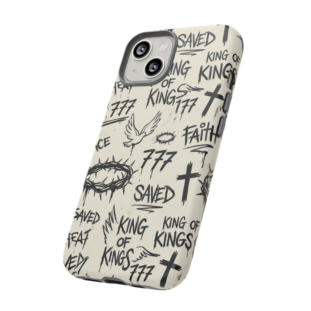 Christian Graffiti Phone Case | "Saved" & "King of Kings" Doodle Art, Urban Streetwear Faith Cover, Modern Religious Sketch Design