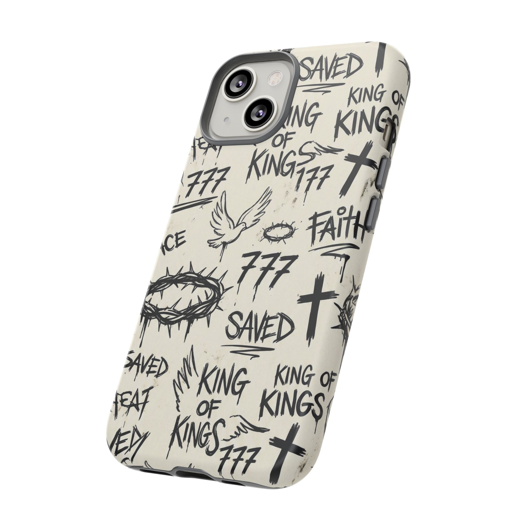 Christian Graffiti Phone Case | "Saved" & "King of Kings" Doodle Art, Urban Streetwear Faith Cover, Modern Religious Sketch Design