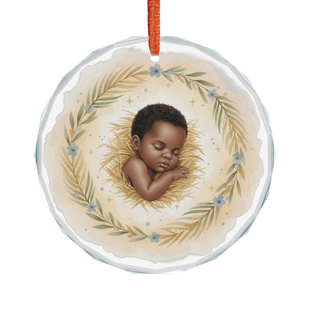 African American Baby Jesus Ornament, Sleeping Baby in Manger, Crystal Glass Nativity Ornament, Christian Christmas Keepsake