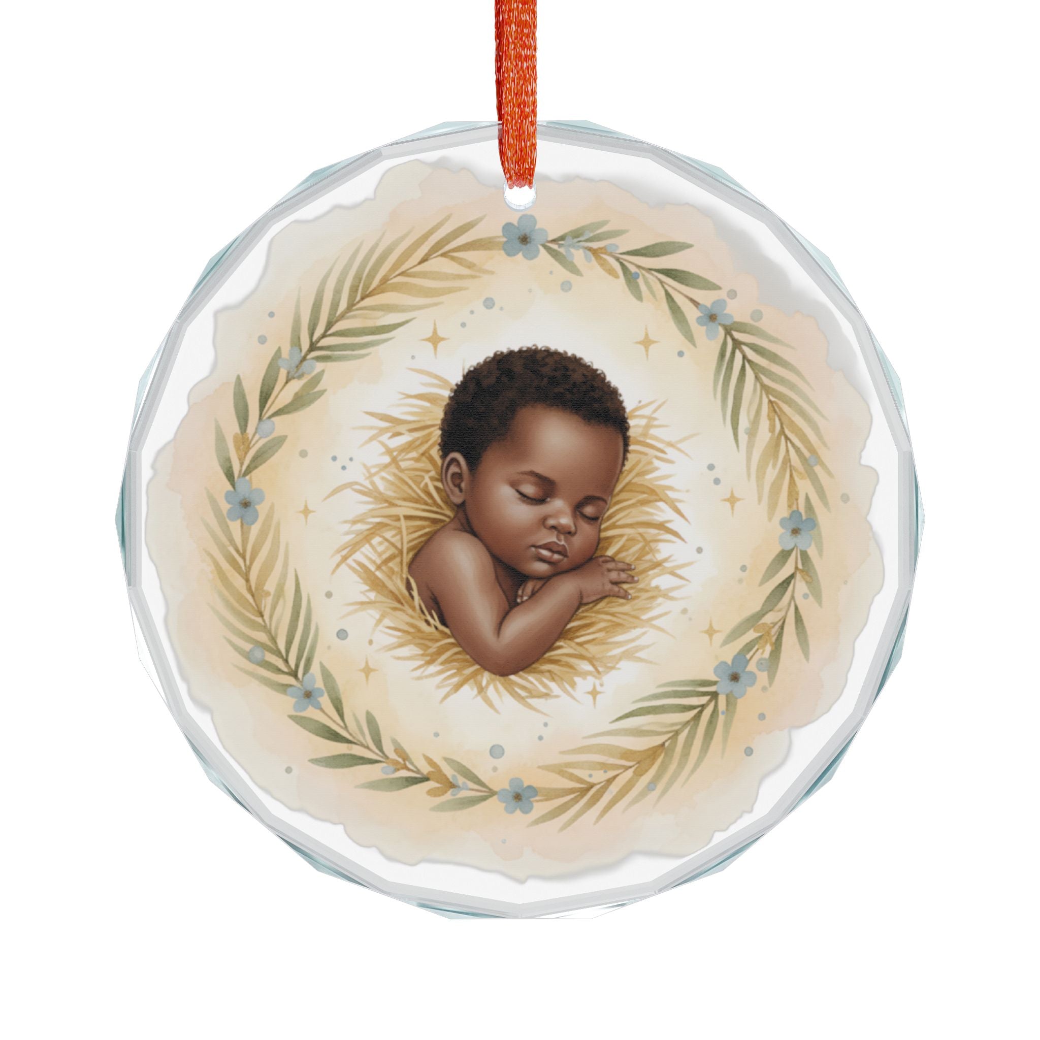 African American Baby Jesus Ornament, Sleeping Baby in Manger, Crystal Glass Nativity Ornament, Christian Christmas Keepsake