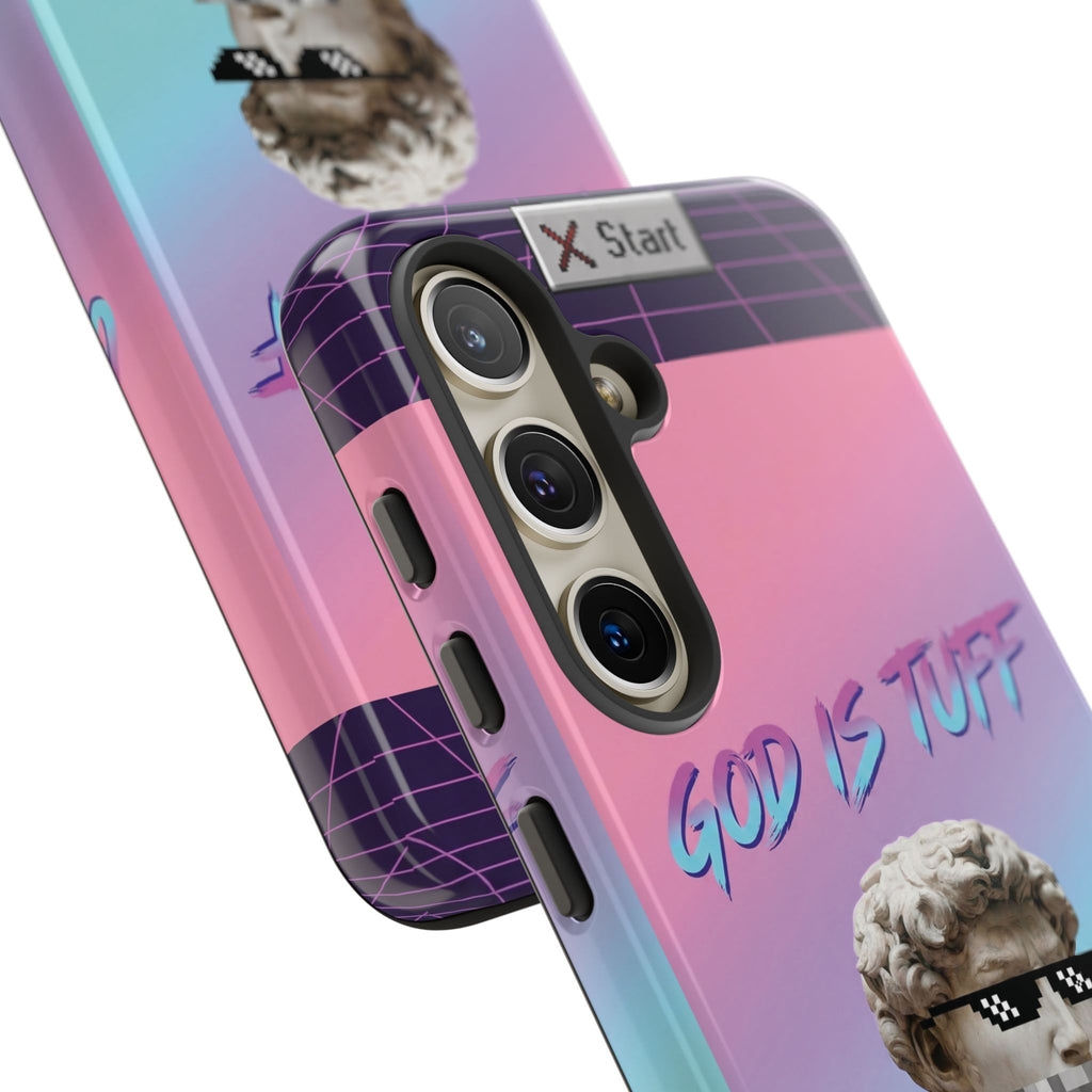 God is Tuff" Vaporwave Christian Phone Case | Aesthetic Statue with Pixel Shades, Retro 80s 90s Synthwave Grid, Gen Z Faith Gift