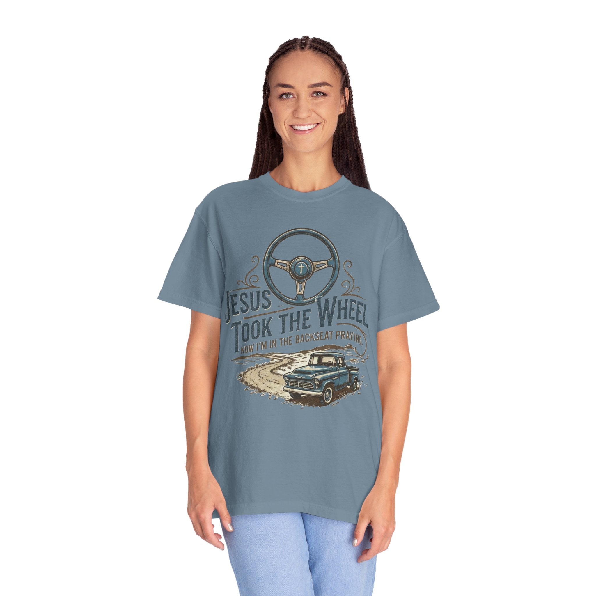 Jesus Took the Wheel steering wheel and vintage truck T-shirt | Christian faith shirt