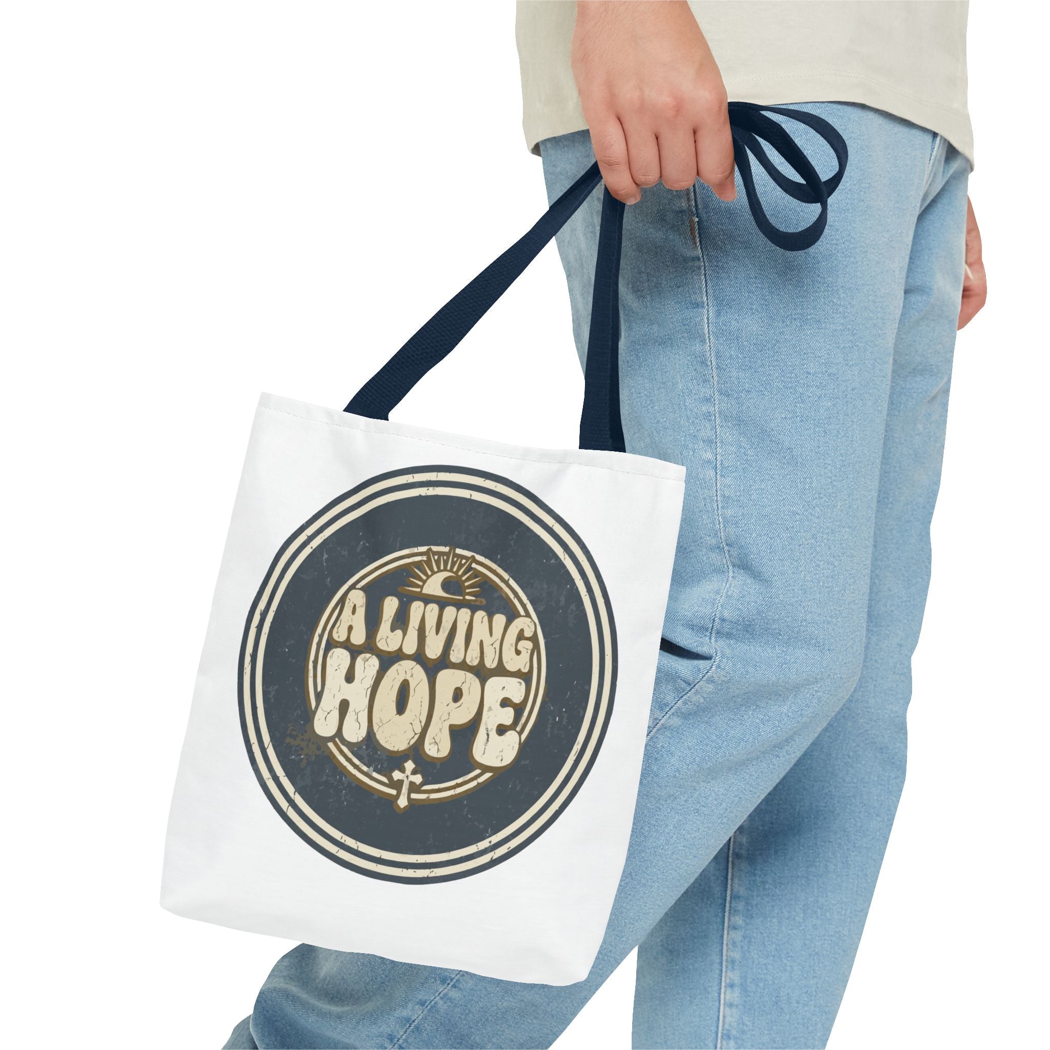 A Living Hope round emblem Tote Bag | Inspirational faith design