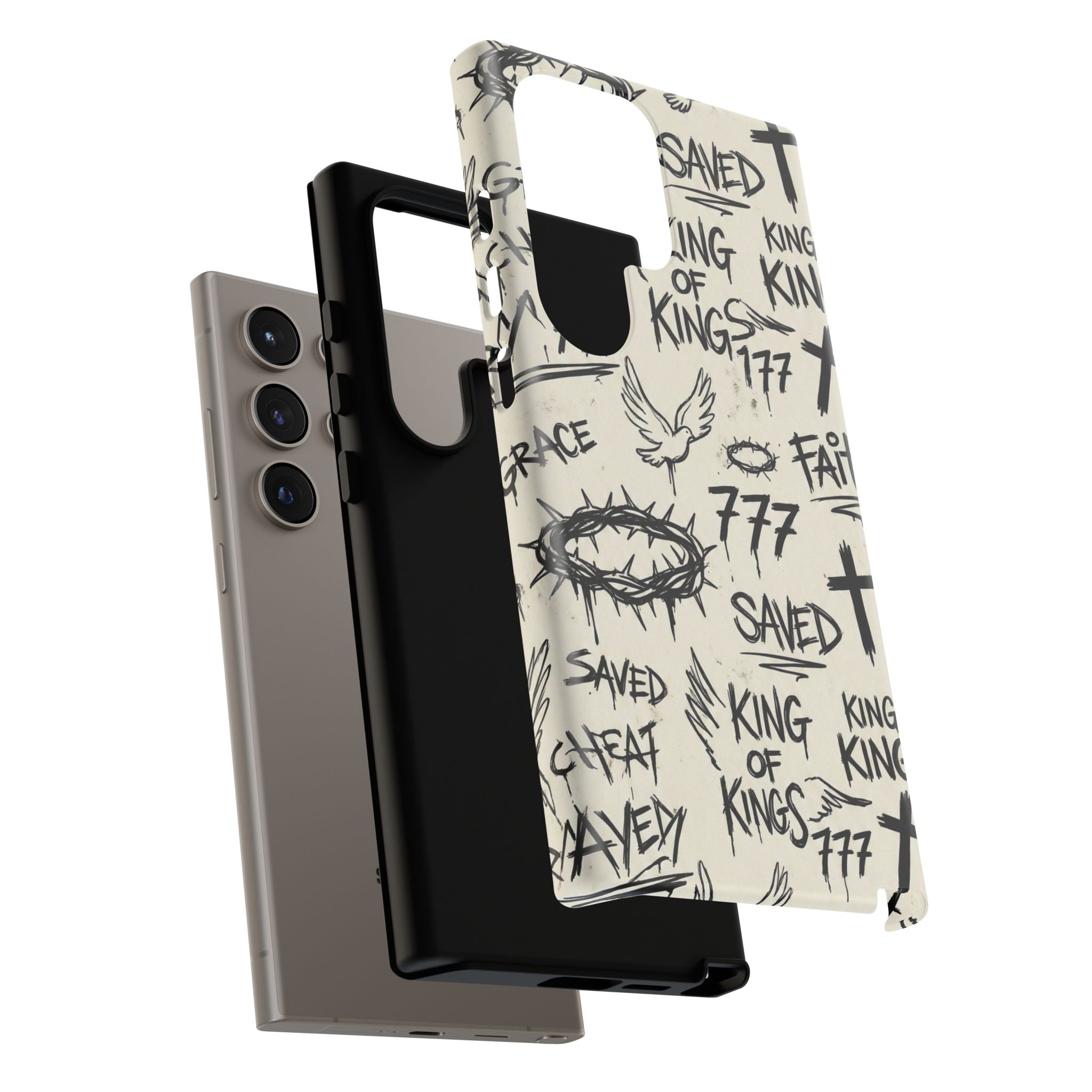 Christian Graffiti Phone Case | "Saved" & "King of Kings" Doodle Art, Urban Streetwear Faith Cover, Modern Religious Sketch Design