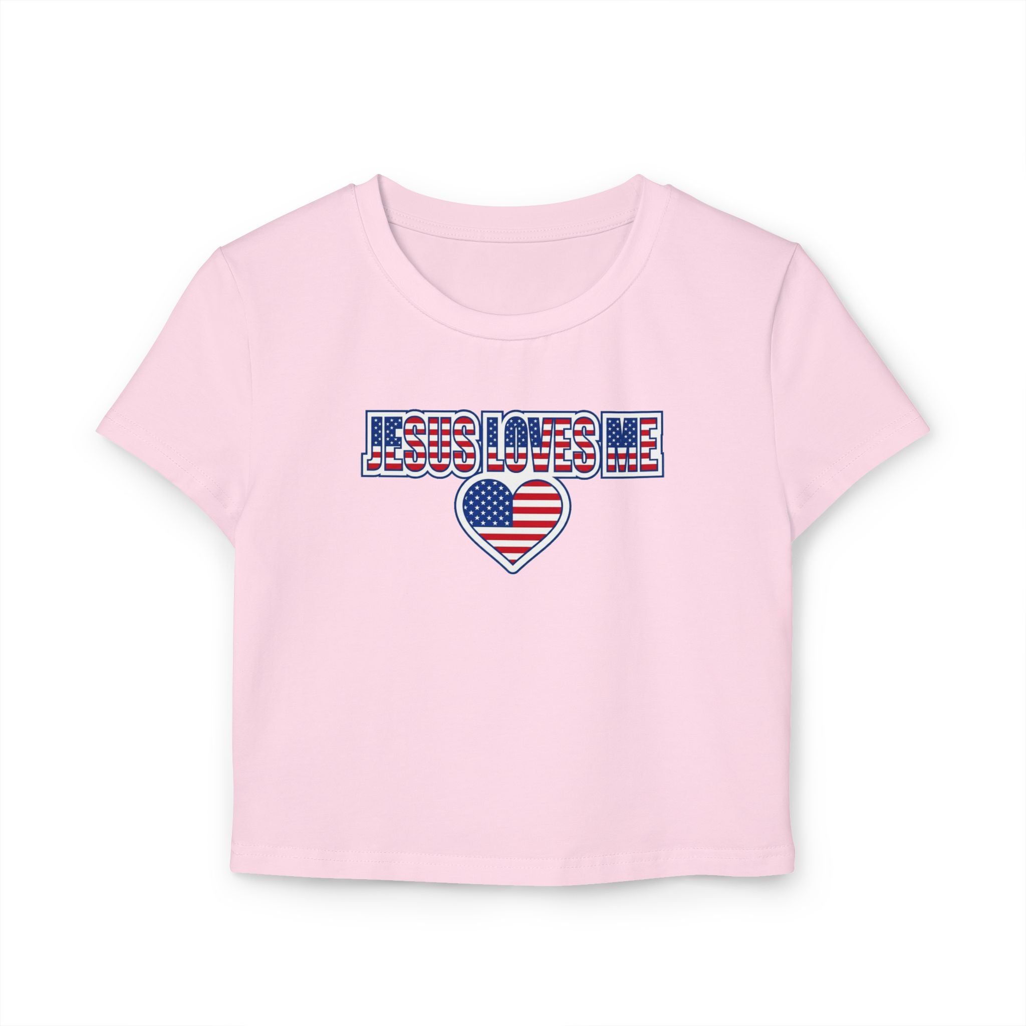 Jesus Loves Me Baby Tee, Patriotic Christian Crop Top, American Flag Heart Faith Shirt