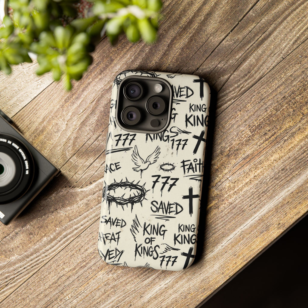 Christian Graffiti Phone Case | "Saved" & "King of Kings" Doodle Art, Urban Streetwear Faith Cover, Modern Religious Sketch Design