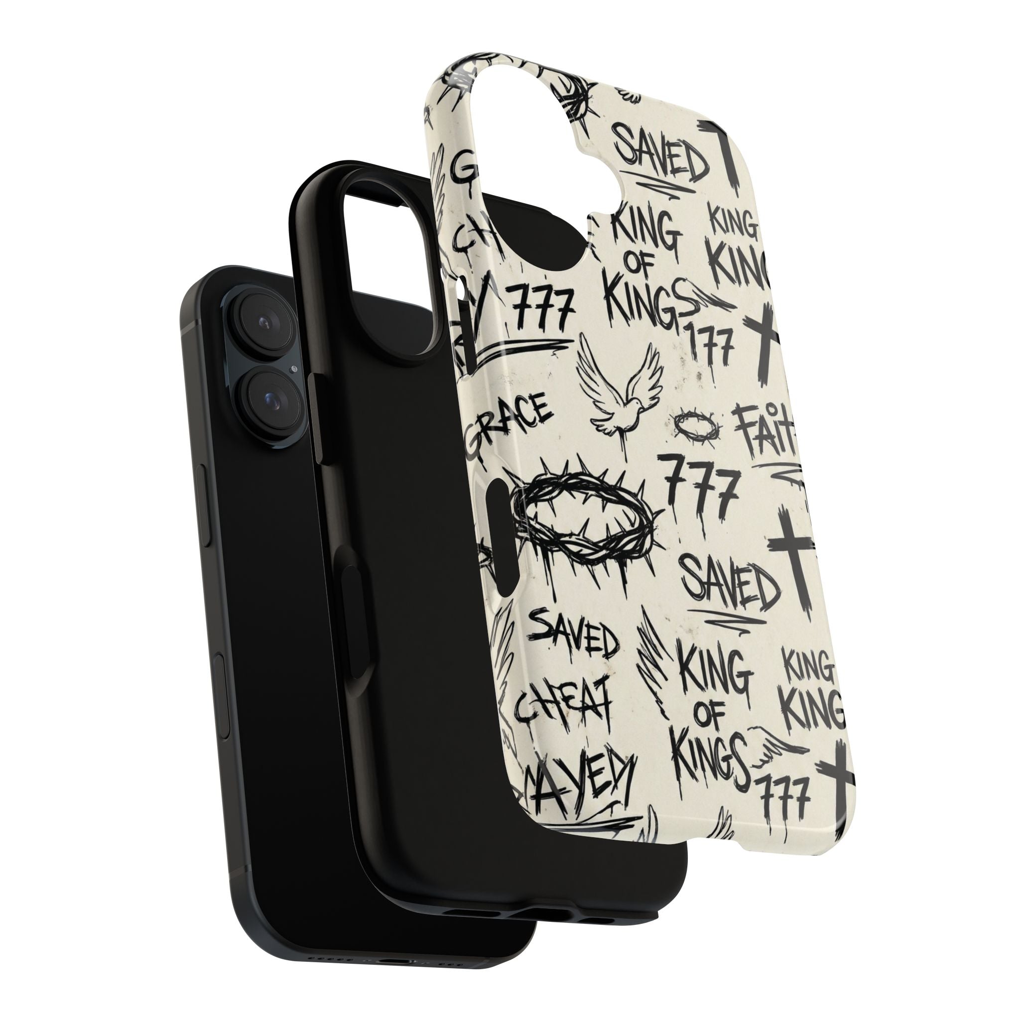 Christian Graffiti Phone Case | "Saved" & "King of Kings" Doodle Art, Urban Streetwear Faith Cover, Modern Religious Sketch Design