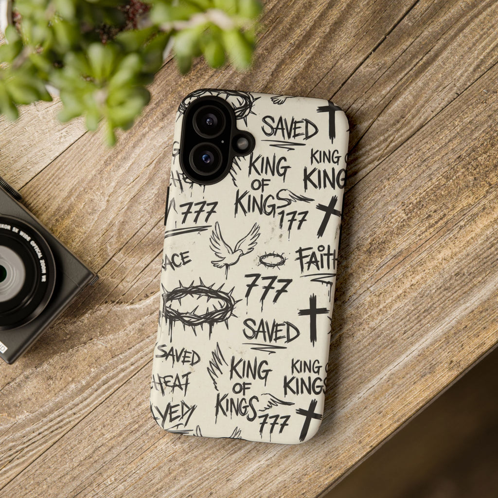 Christian Graffiti Phone Case | "Saved" & "King of Kings" Doodle Art, Urban Streetwear Faith Cover, Modern Religious Sketch Design