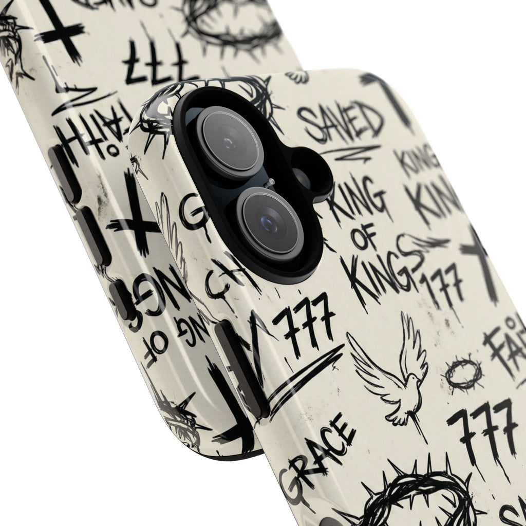 Christian Graffiti Phone Case | "Saved" & "King of Kings" Doodle Art, Urban Streetwear Faith Cover, Modern Religious Sketch Design