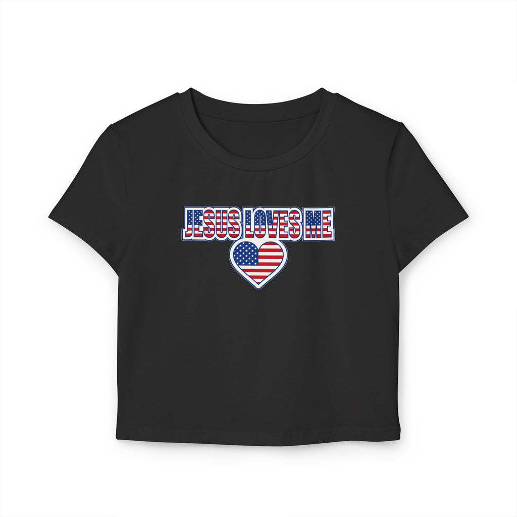 Jesus Loves Me Baby Tee, Patriotic Christian Crop Top, American Flag Heart Faith Shirt
