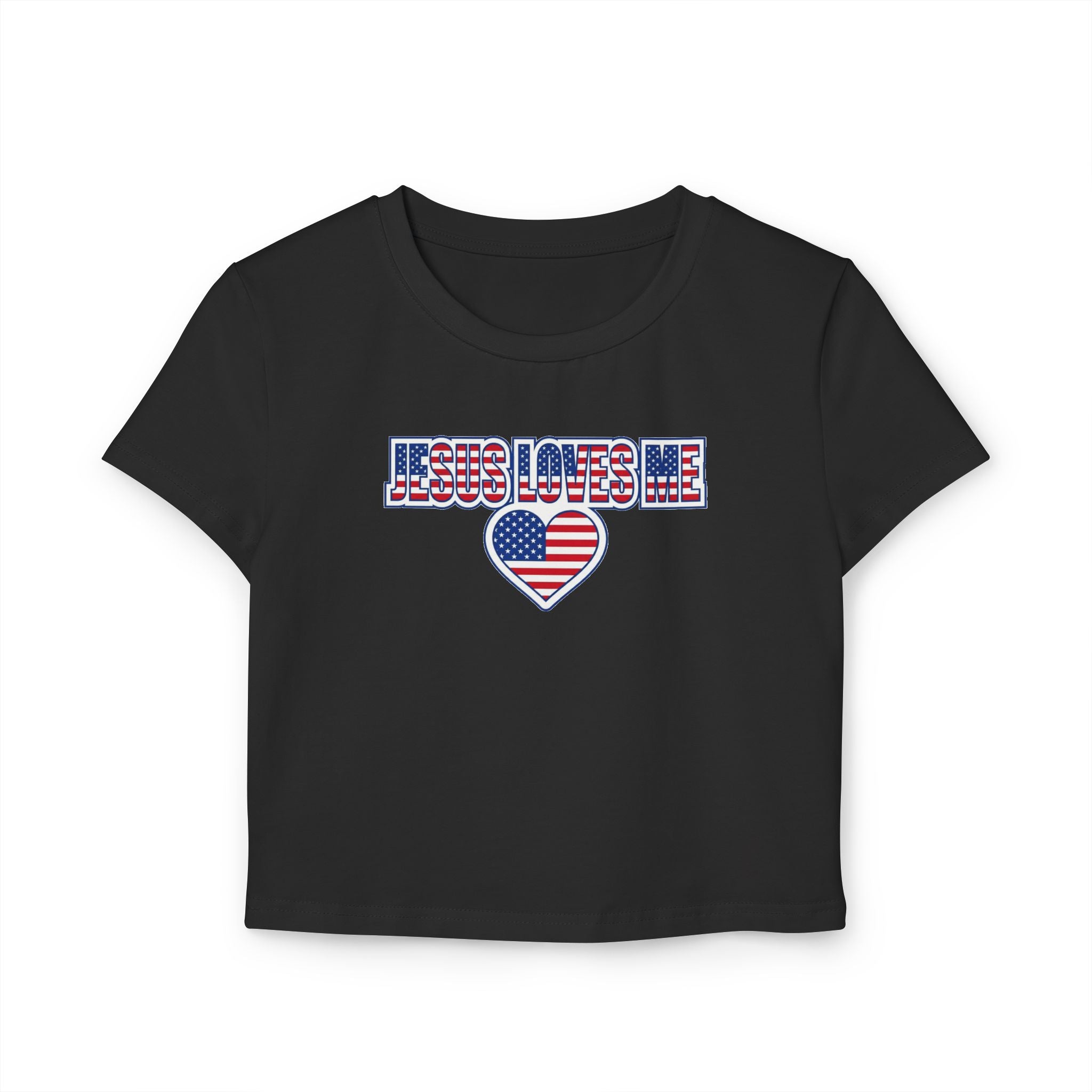 Jesus Loves Me Baby Tee, Patriotic Christian Crop Top, American Flag Heart Faith Shirt