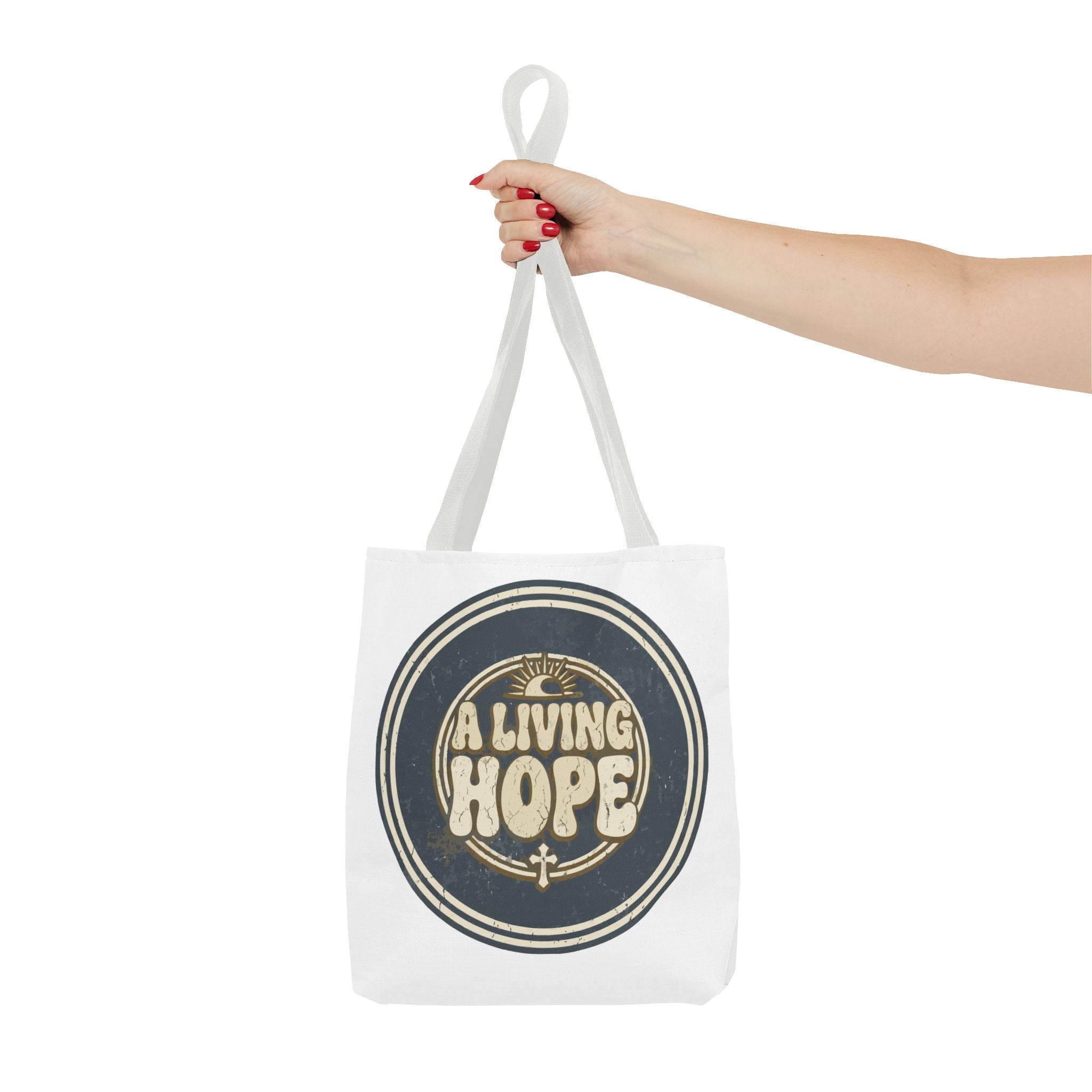 A Living Hope round emblem Tote Bag | Inspirational faith design