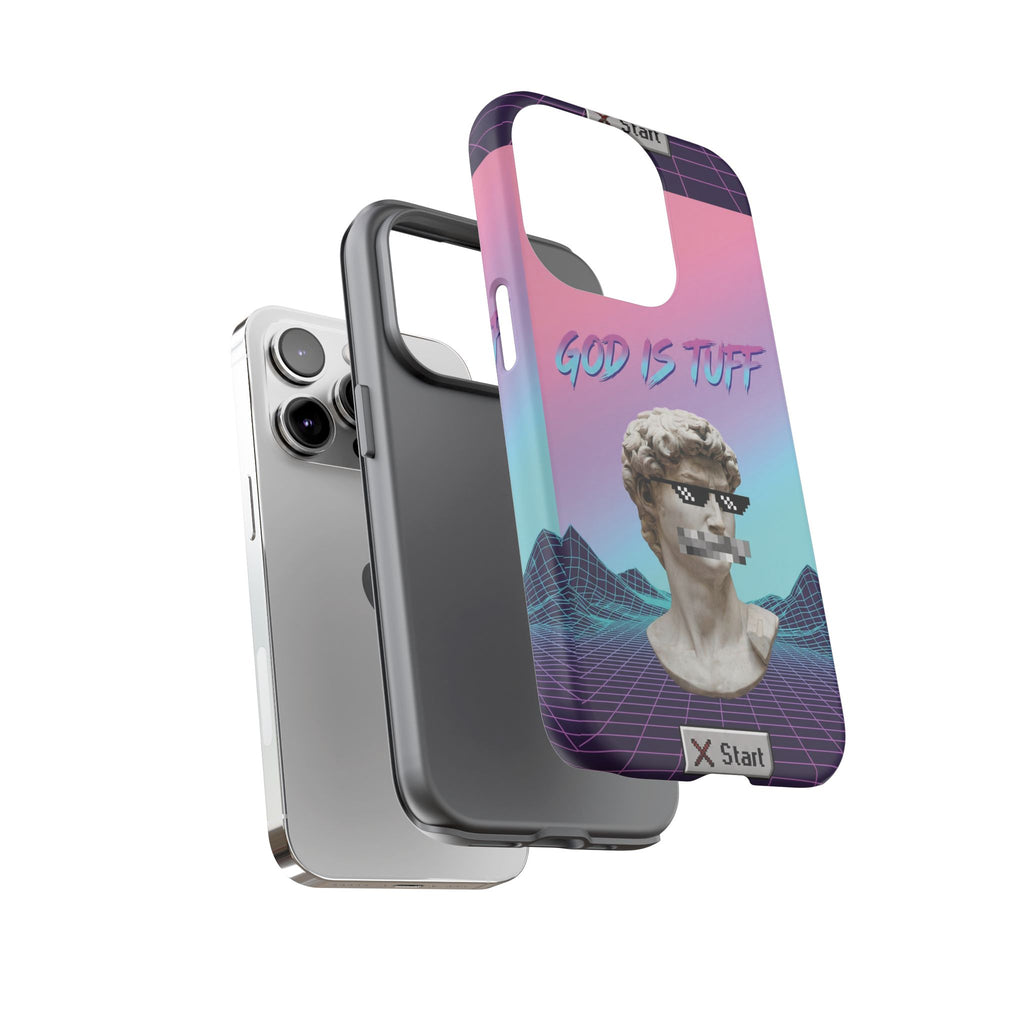God is Tuff" Vaporwave Christian Phone Case | Aesthetic Statue with Pixel Shades, Retro 80s 90s Synthwave Grid, Gen Z Faith Gift