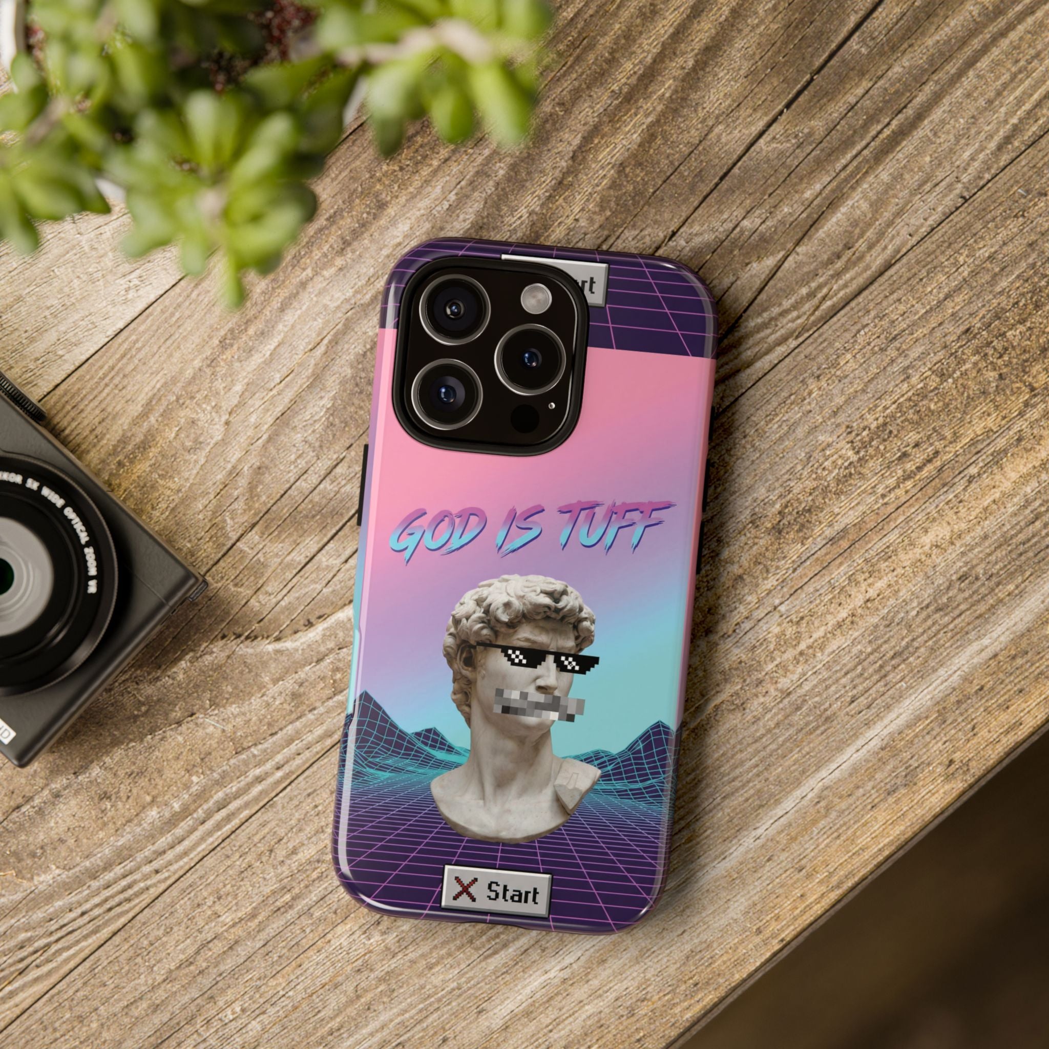 God is Tuff" Vaporwave Christian Phone Case | Aesthetic Statue with Pixel Shades, Retro 80s 90s Synthwave Grid, Gen Z Faith Gift