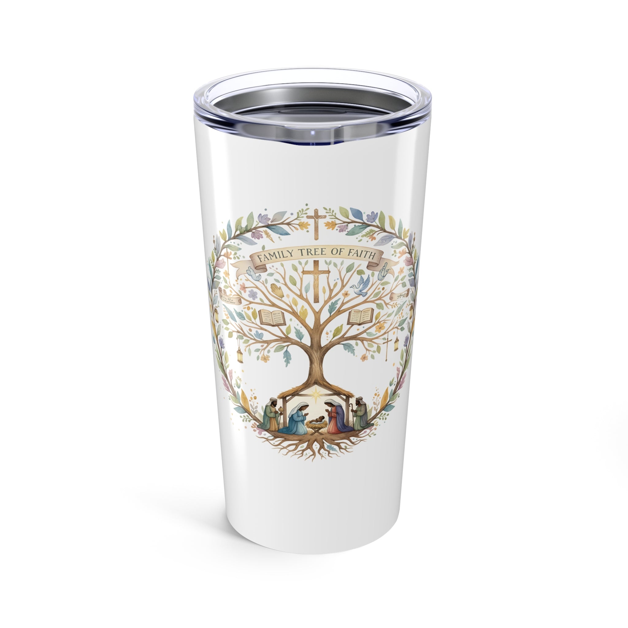 Family Tree of Faith Tumbler, Christian Christmas Gift, Nativity Travel Mug, Inspirational Bible Gift, Faith Drinkware for Women