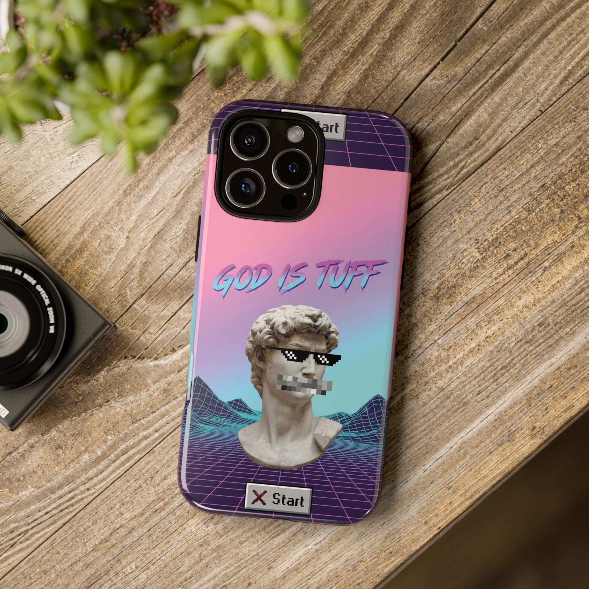 God is Tuff" Vaporwave Christian Phone Case | Aesthetic Statue with Pixel Shades, Retro 80s 90s Synthwave Grid, Gen Z Faith Gift