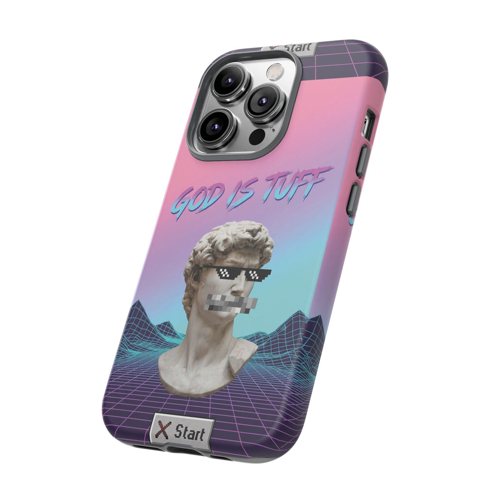 God is Tuff" Vaporwave Christian Phone Case | Aesthetic Statue with Pixel Shades, Retro 80s 90s Synthwave Grid, Gen Z Faith Gift