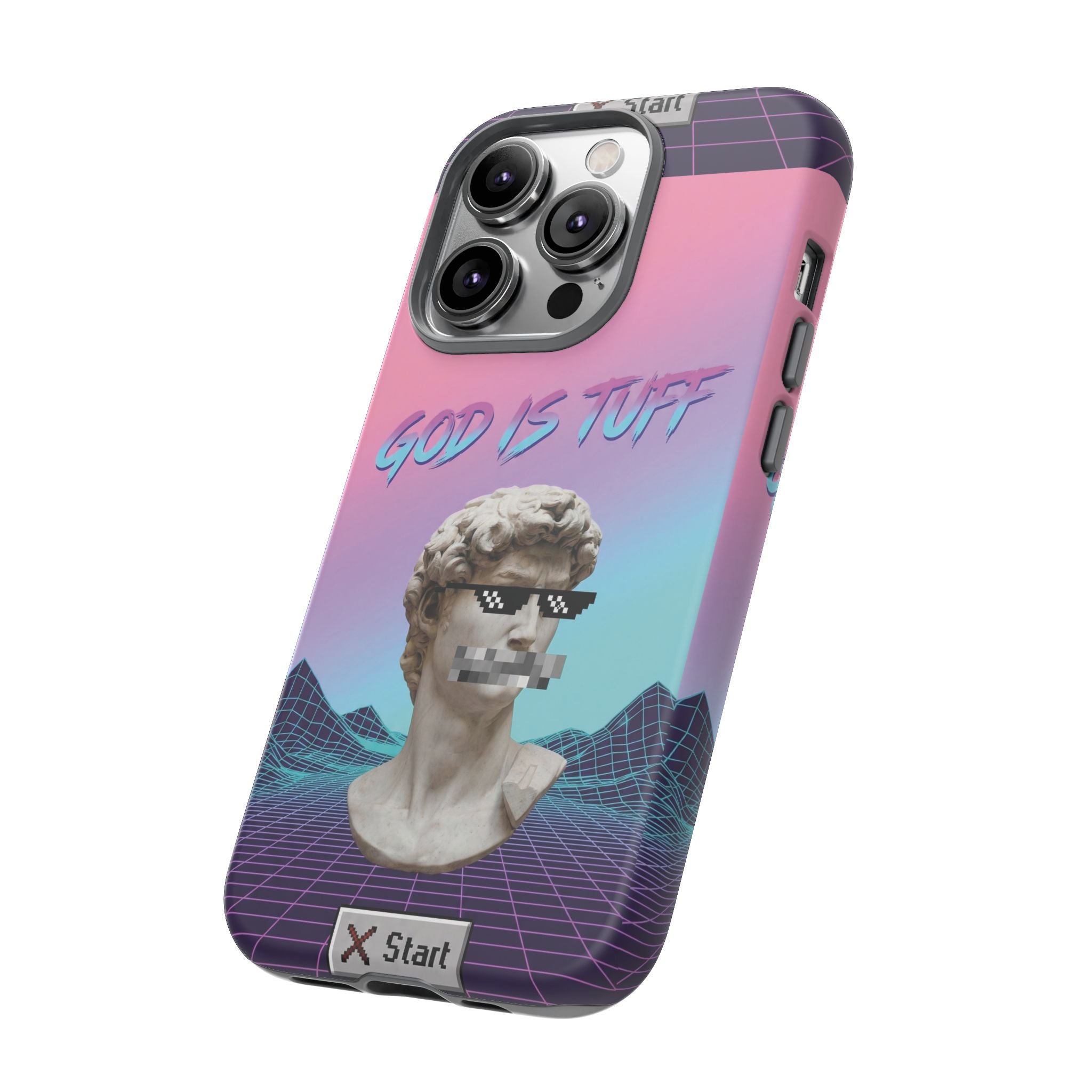 God is Tuff" Vaporwave Christian Phone Case | Aesthetic Statue with Pixel Shades, Retro 80s 90s Synthwave Grid, Gen Z Faith Gift